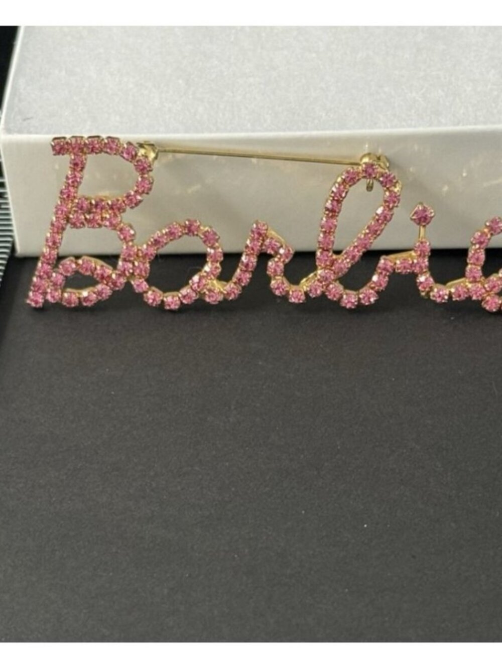 Barbie Script Rhinestone Logo Brooch Pin Pink Crystal Gold-Tone 3-1/4 inches - Picture 4 of 11